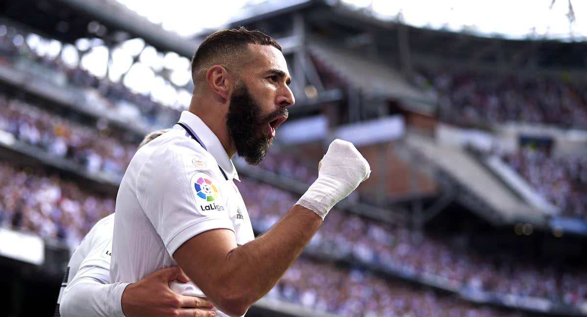 Benzema celebra su gol en el Clásico./GETTY