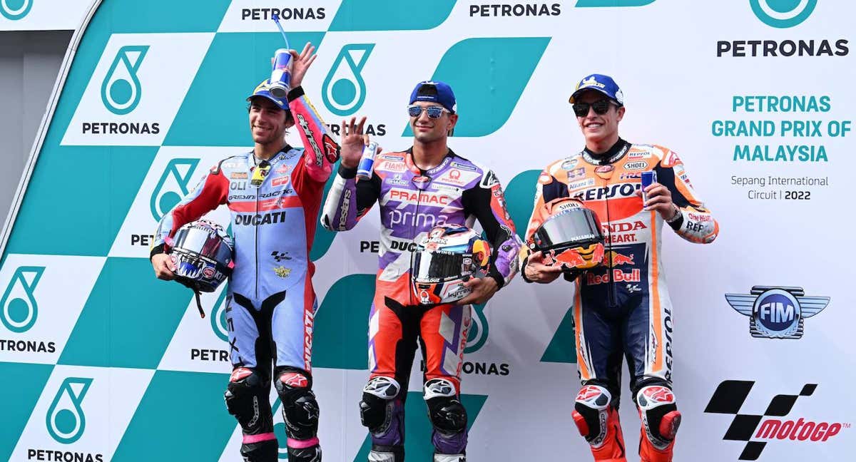 Jorge Martín, Enea Bastianini y Marc Márquez, la primera fila de la parrilla en Malasia.