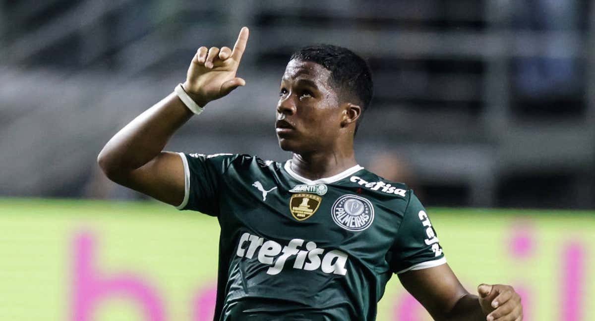 Endrick celebrando un gol con Palmeiras./Getty