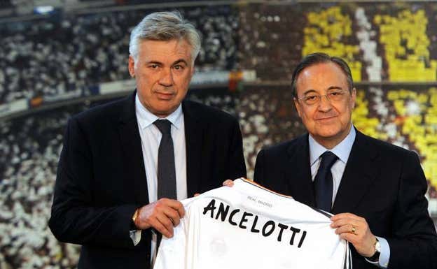Ancelotti y Florentino, en su presentación en 2013  AFP