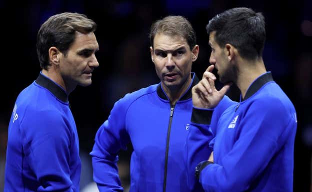 Federer, Nadal y Djokovic durante la última edición de la Laver Cup.  GETTY