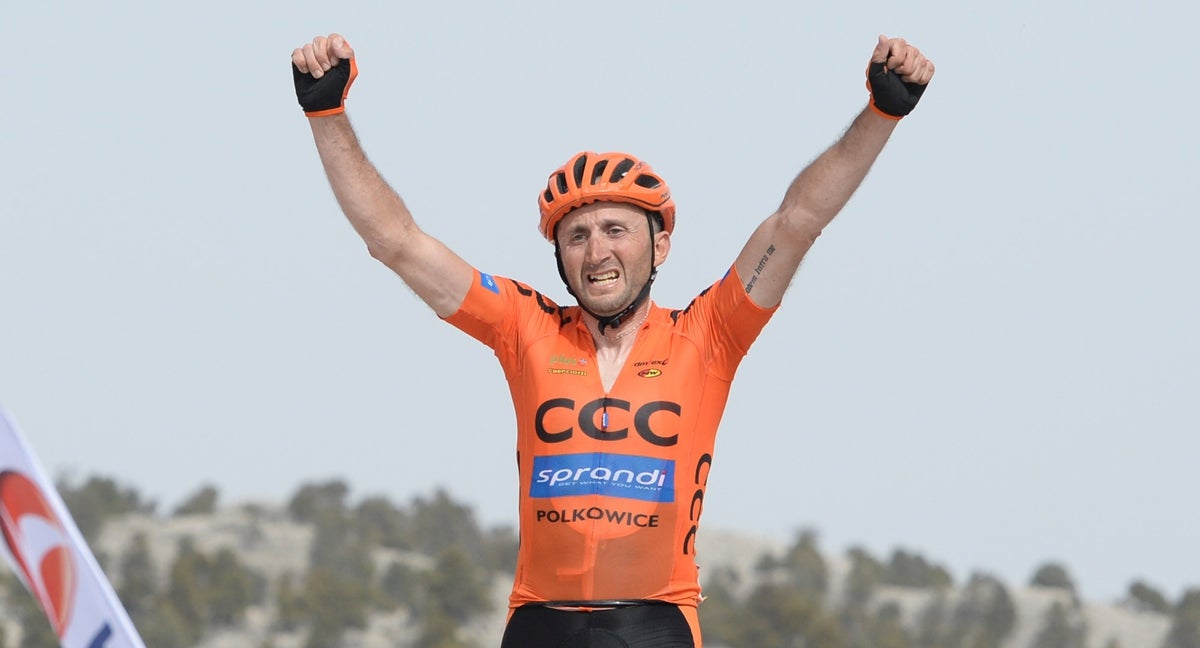 Davide Rebellin celebra su triunfo en una etapa de la Vuelta a Turquía 2015.