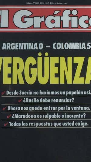 Portada del periódico argentino 'El gráfico' tras la derrota de Argentina a manos de Colombia en  1993.