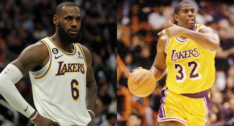 LeBron James y Magic Johnson con la camiseta de los Lakers.