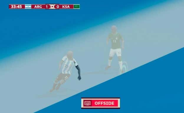 Imagen de uno de  los dos fueras de juego señalados a Lautaro en el primer partido del Mundial.
