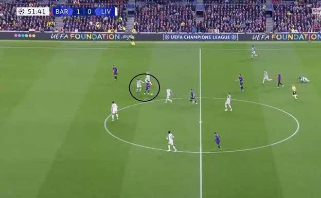 Messi recibe de espaldas y Van Dijk no le permite girarse. UEFA