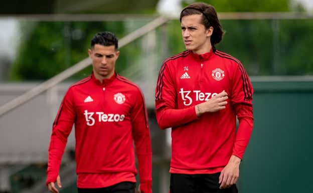 Cristiano Ronaldo y Álvaro Fernández, en un entrenamiento.  Getty Images