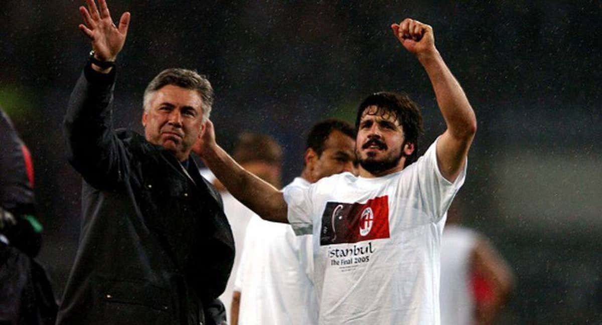 Gattuso y Ancelotti tras ganar una Champions. /Milán.