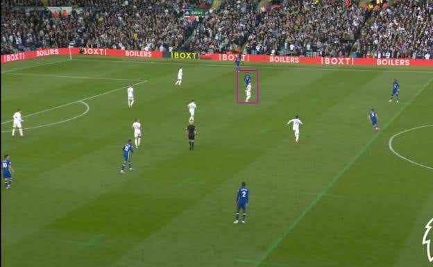 En ataque posicional, Reece James ocupa zonas interiores ante el repliegue del Leeds, dejando la amplitud para el punta.  Albert Blaya