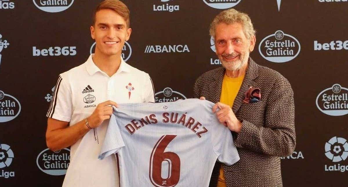 Denis Suárez y Mouriño posan juntos tras su fichaje en 2019./RC Celta