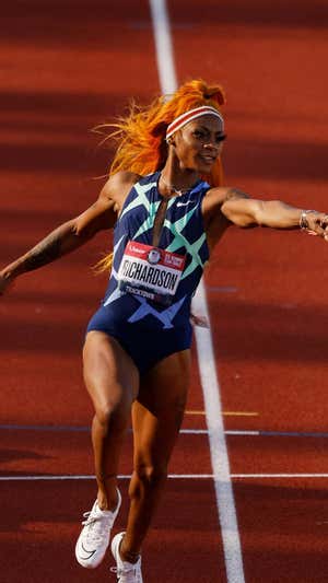 Sha'Carri Richardson celebra su victoria en las pruebas olímpicas estadounidenses, en junio de 2021.  GETTY