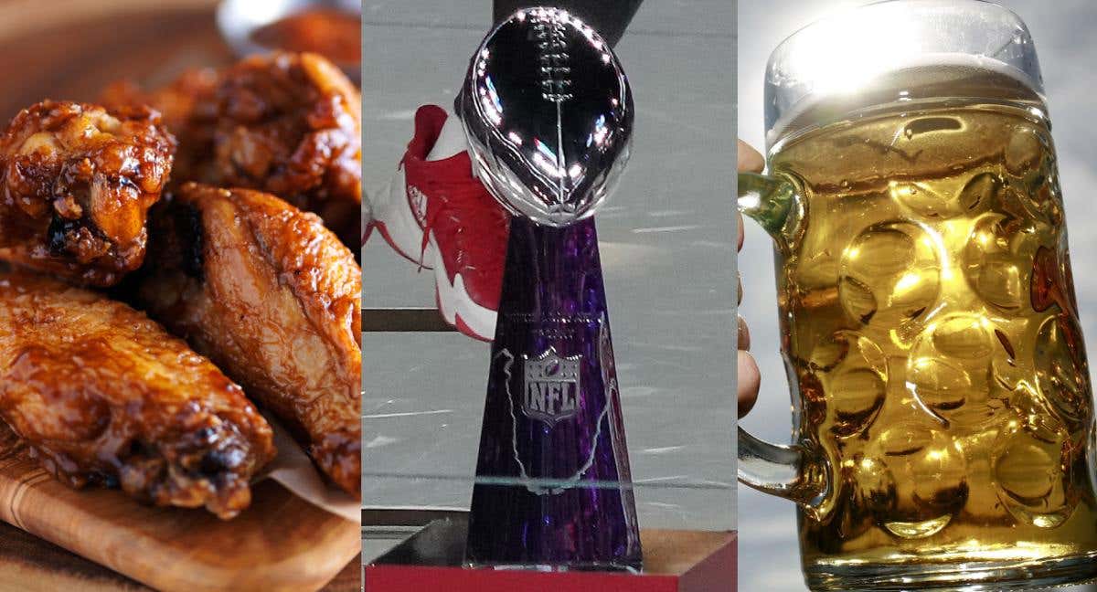 Alitas de pollo, el trofeo Vince Lombardi y una jarra de cerveza. /Montaje