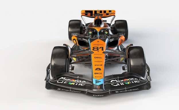Vista frontal del McLaren MCL60 para la F1 2023.  McLaren