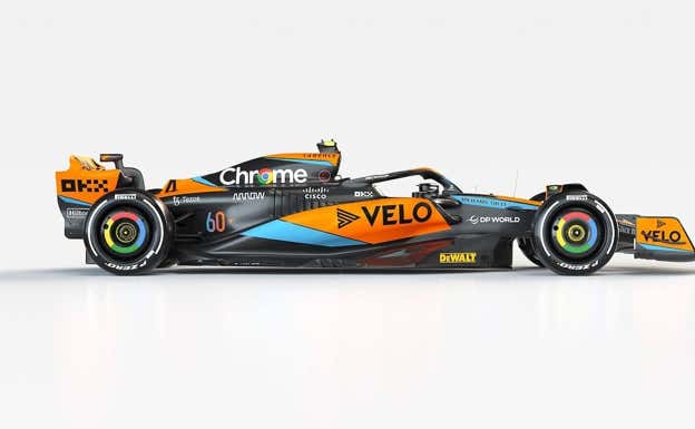 Vista lateral del McLaren MCL60 para la F1 2023.  McLaren