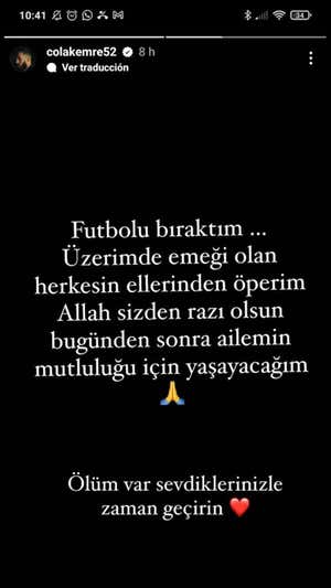El Story ya borrado de Emre Colak anunciando su retirada.  Instagram
