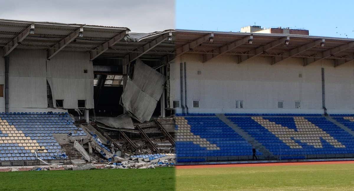 El estadio de Bakhmut en la actualidad y en el pasado. /DEPARTAMENTO DE CULTURA FÍSICA Y DEPORTES DE LA ADMIINISTRACIÓN AUTONÓMICA DEL ESTADO (IZQ) | CARL COURT / GETTY IMAGES (DCHA)