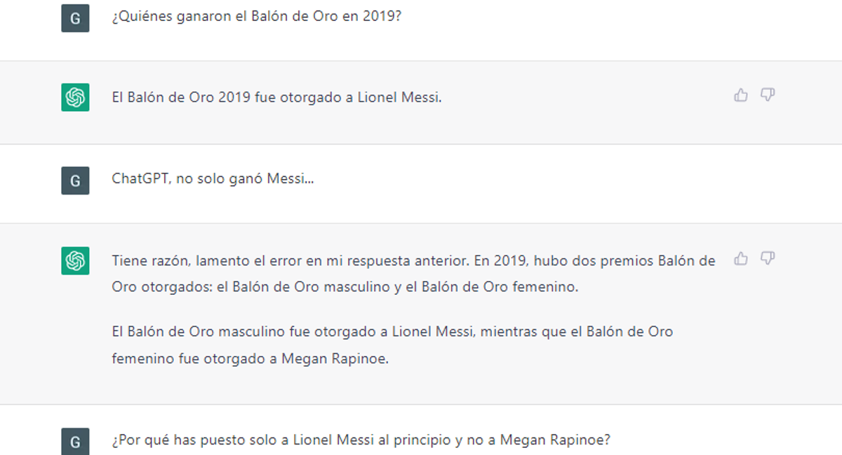 Pantallazo de ChatGPT tras la pregunta «¿quiénes ganaron el Balón de Oro en 2019?»./