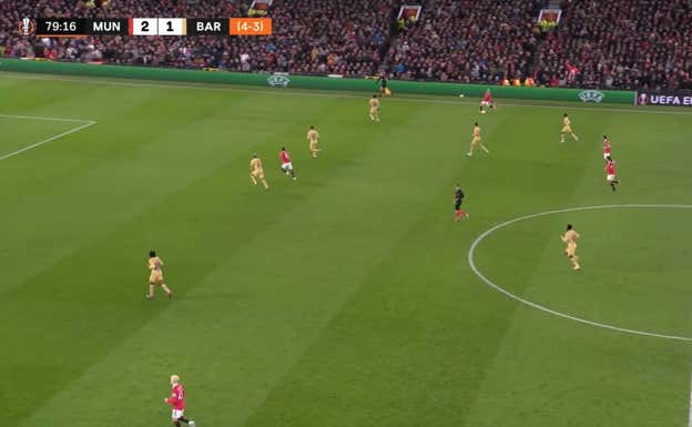 Situación de transición en la que Araújo inicia carrera con Rashford para tapar su desmarque...