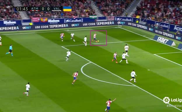 Tras filtrar y jugar con Carrasco, Griezmann termina llegando por fuera en situación de ventaja para buscar el centro lateral.