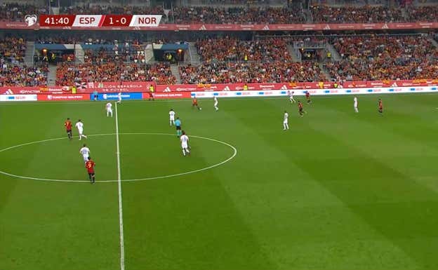 Aspas recibiendo de espaldas, con Noruega presionando y jugando al primer toque sobre Olmo, en vez de perfilar y encarar última línea.