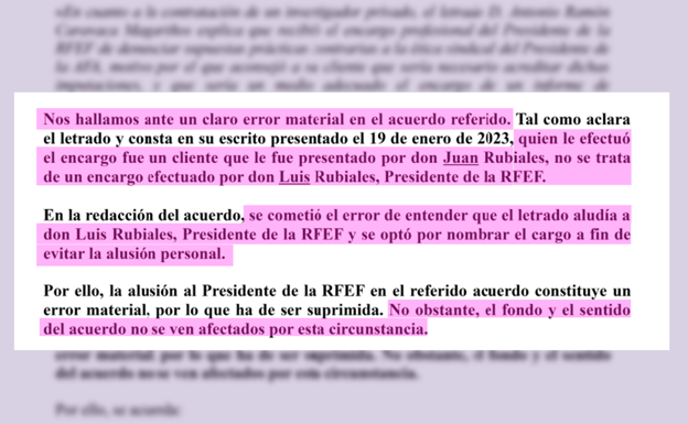 Fragmento del segundo informe de la investigación interna del ICAM con la rectificación del error material.  Relevo