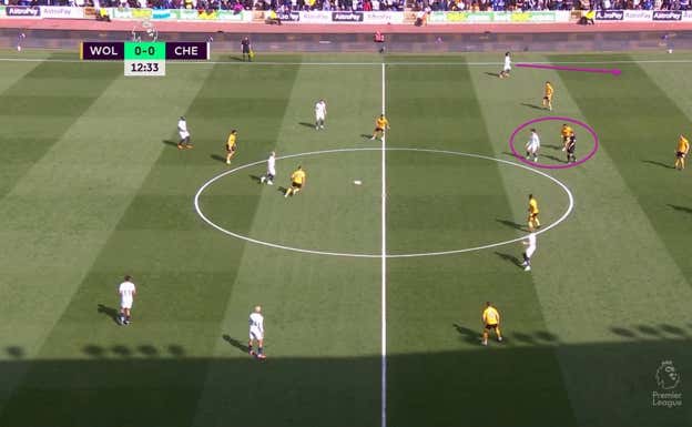 Jugando como extremo, Félix gusta de venir a recibir, en este caso arrastra a su marcador (lateral) y el espacio que se abre para que Cucurella (lateral) avance es enorme.