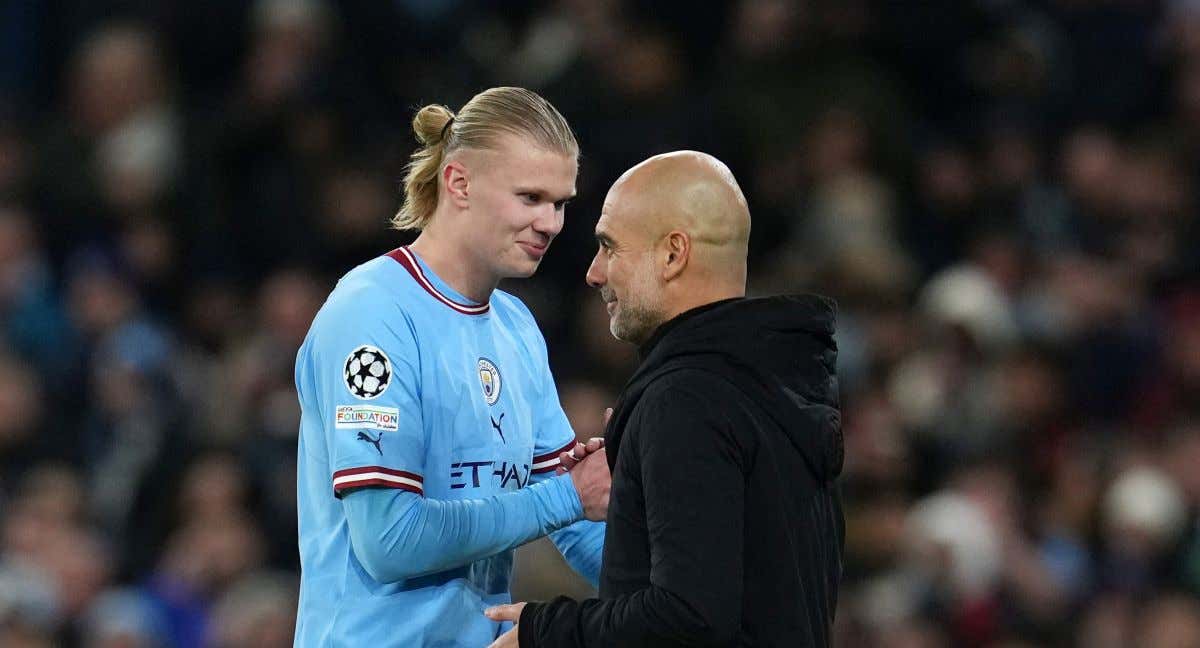 Haaland y Guardiola, en el partido ante el Bayern./GETTY