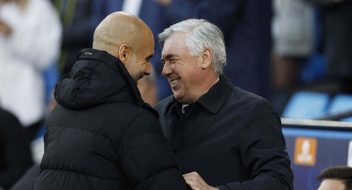 Guardiola y Ancelotti, en la eliminatoria entre Real Madrid y Manchester City./AFP