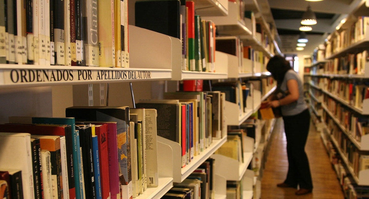 Mujer a lo lejos ojea los libros de la biblioteca de Segovia.