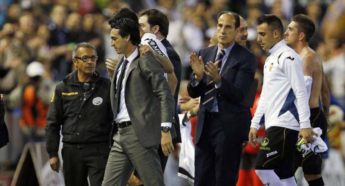 Emery y su equipo en aquel Valencia-Villarreal. /Archivo.