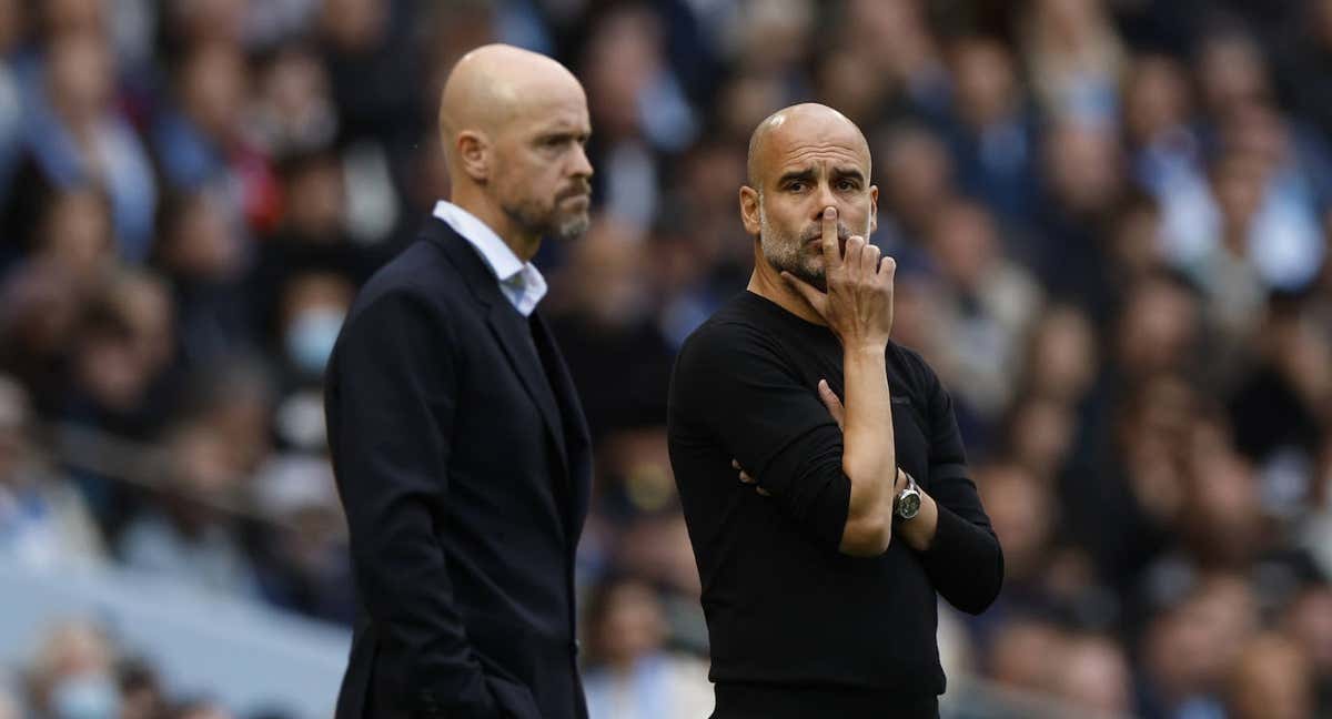 Ten Hag y Guardiola, durante un derbi de esta temporada./Getty Images