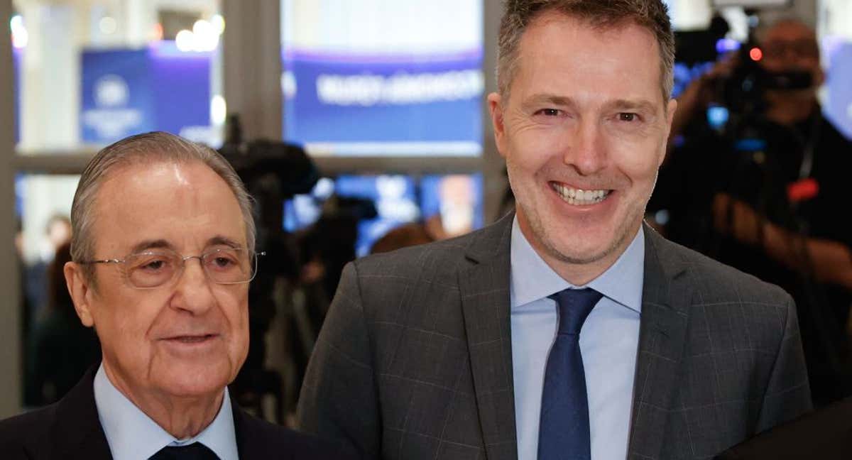 Florentino Pérez junto al CEO de A22, Bernd Reichart, la empresa que defiende los intereses de la Superliga./EFE