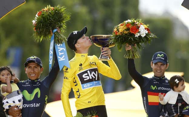 Alejandro Valverde en el último podio español de París, en 2015. REUTERS