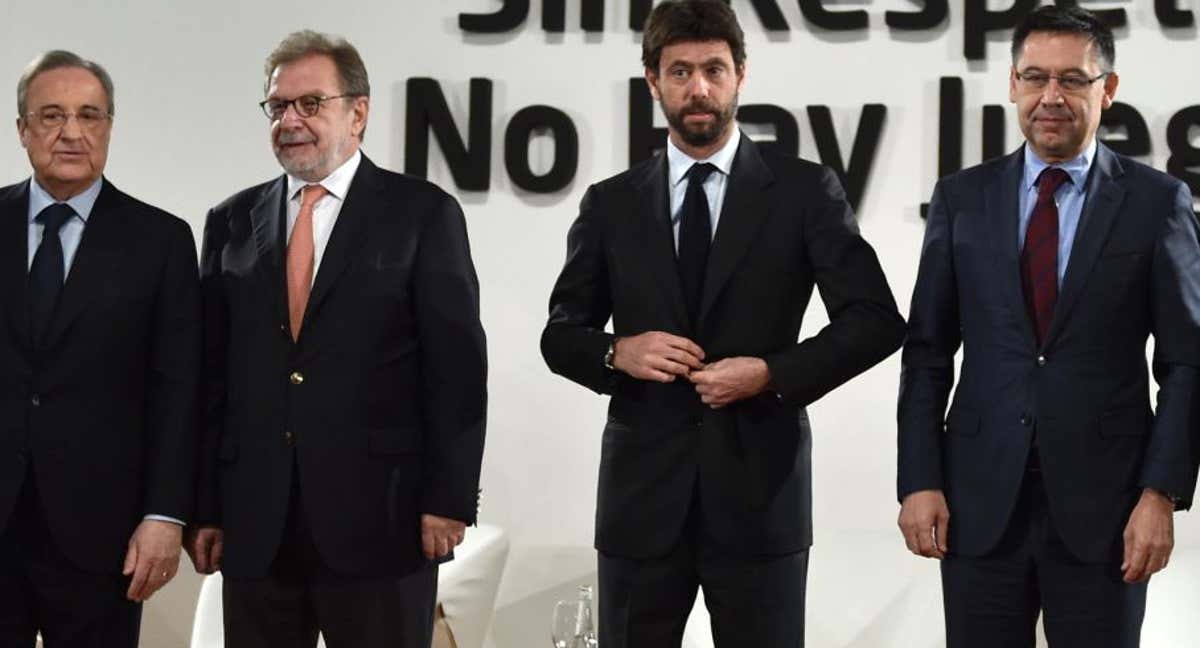 Floretino, Agnelli y Bartomeu, presidentes de los clubes que impulsaron la Superliga.