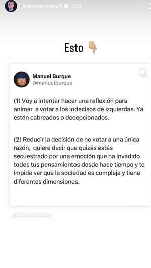Publicación Irene Paredes.  INSTAGRAM