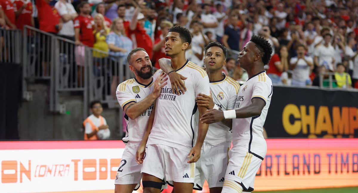 Bellingham, celebrando su primer gol con el Madrid.