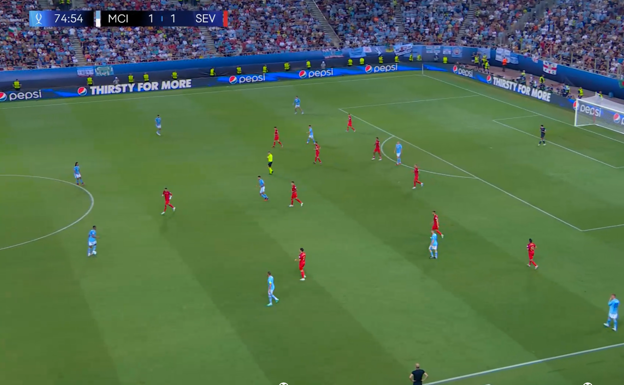 Imagen del 4-3-3 de los últimos minutos en los que el City dominó al Sevilla.  WYSCOUT
