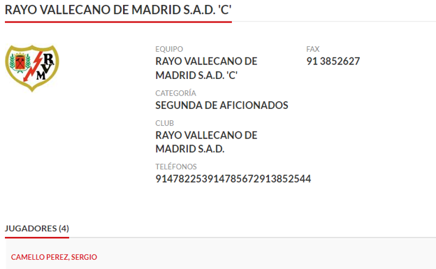 Sergio Camello inscrito en el Rayo Vallecano 'C' en la web de la Real Federación de Fútbol de Madrid.  CAPTURA RFFM