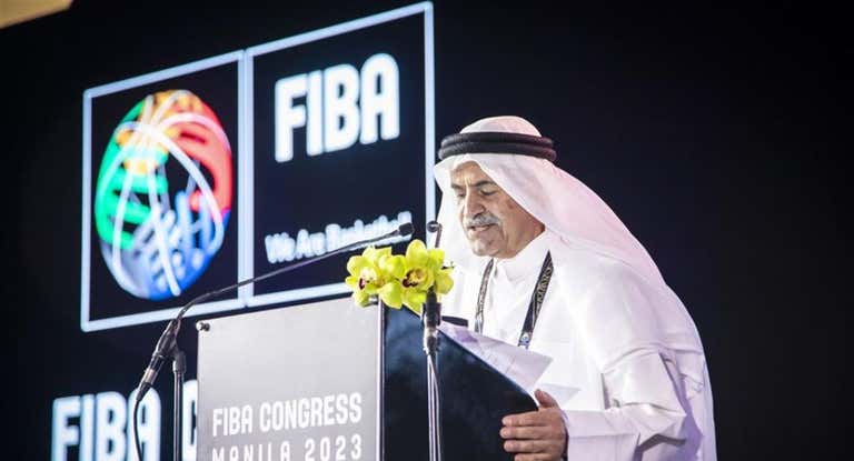 El jeque Saud Ali Al Thani en su toma de posesión como presidente de FIBA.