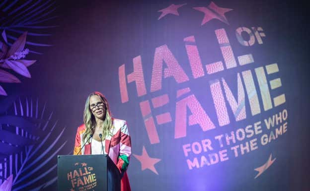 Amaya Valdemoro, durante su discurso en el FIBA Hall of Fame 2023. FEB