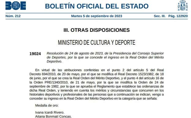 Imagen del Boletín Oficial del Estado de este martes con el nombre de Ivana Icardi. BOE