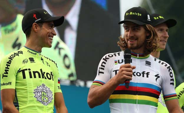 Peter Sagan y Alberto Contador durante su etapa en el Tinkoff. GETTY