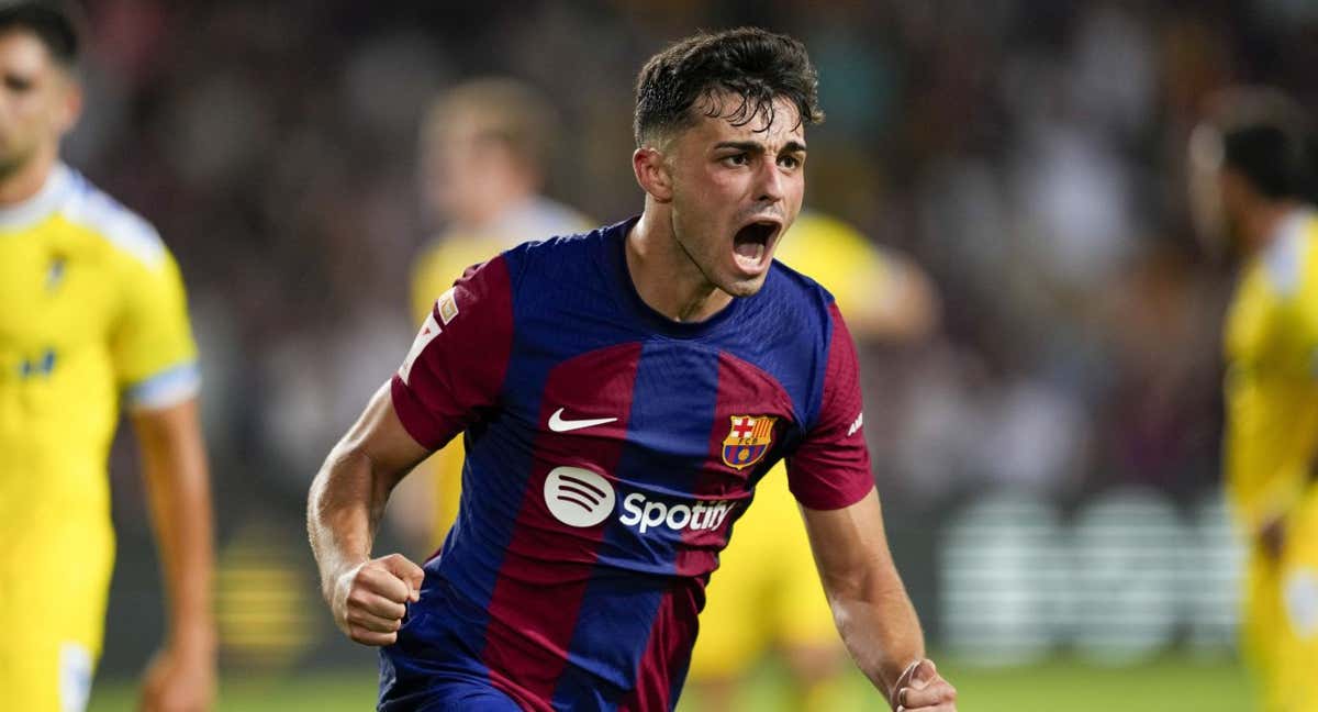 Pedri celebrando su gol ante el Cádiz.