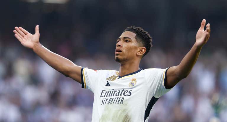 El inglés Bellingham celebra un gol con el Real Madrid.