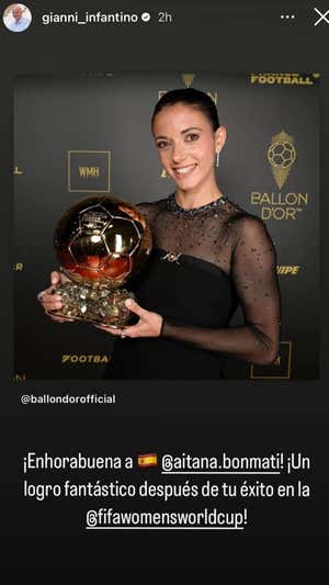 Gianni Infantino felicita a Aitana Bonmatí en su cuenta de Instagram.