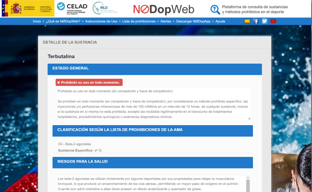 Imagen de la web 'NoDopWeb' de libre acceso para poder comprobar en cualquier momento la inadmisibilidad de un medicamento para un deportista.   CELAD