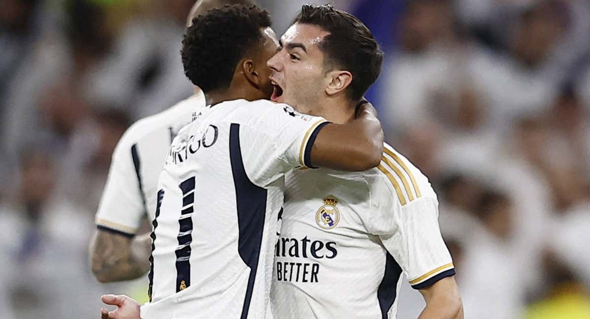 Rodrygo y Brahim celebran el primer gol./REUTERS