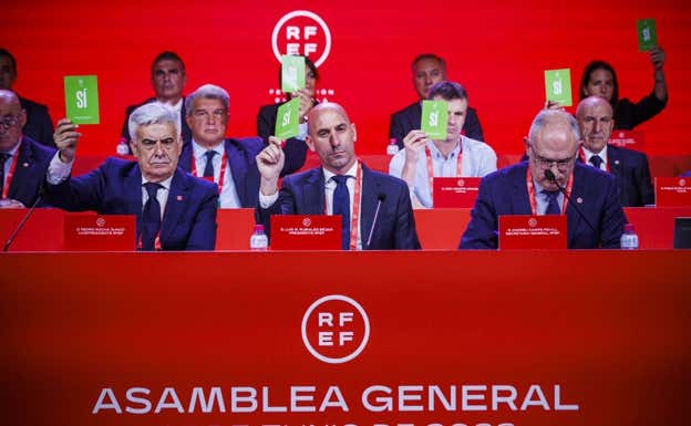 Pedro Rocha (izquierda), al lado de Luis Rubiales y Andreu Camps en la Asamblea del pasado 27 de junio.
