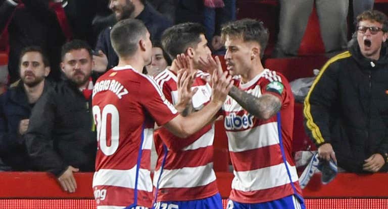 Los jugadores del Granada celebran el tanto del empate.