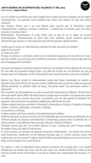 El discurso de José Pérez, presidente de Libertad VCF y accionista.  Paco Polit.